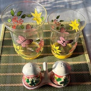 Element Floral Glass Vases with Pink n’ Yellow Accents w/ Salt and Pepper Shaker